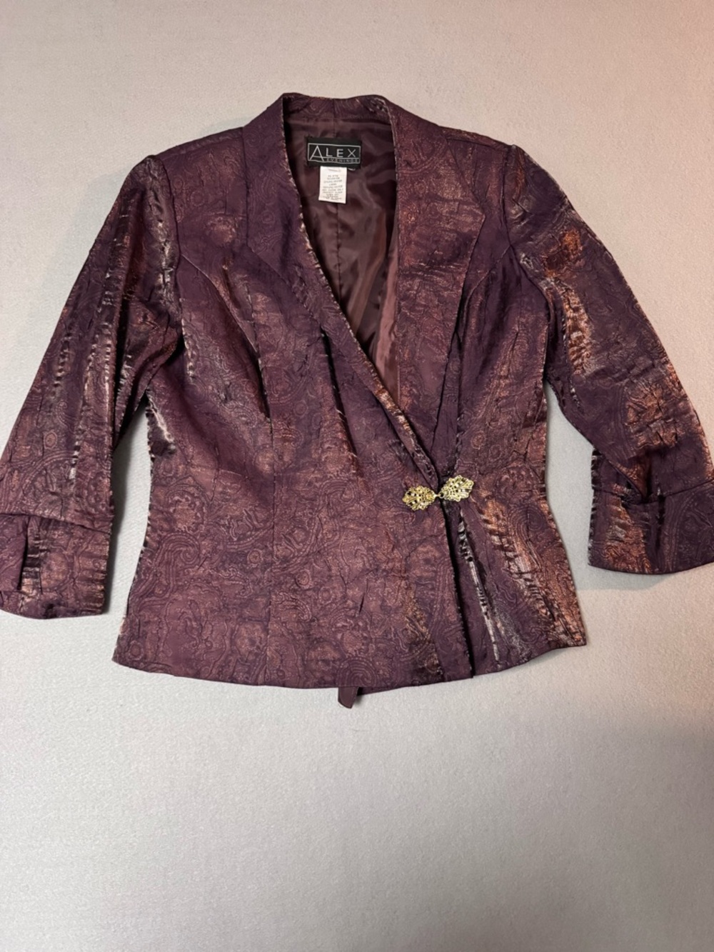 Vintage Alex Evenings Deep Plum Brocade Evening Blazer with Decorative Clasp